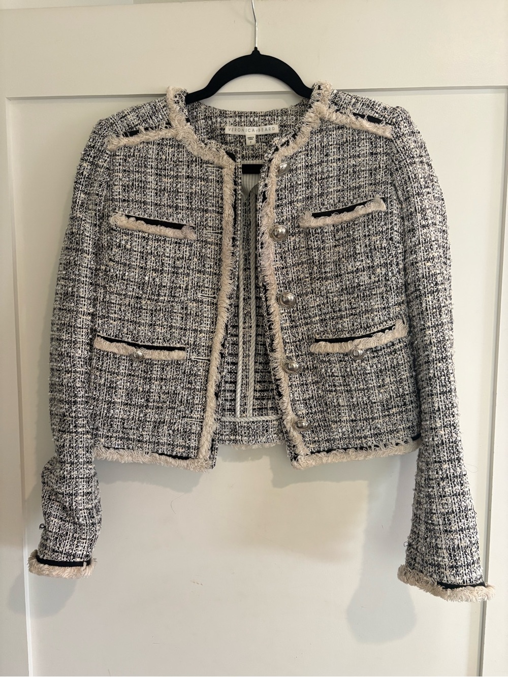 Veronica Beard Brim Black & Cream Tweed Frayed-Trim Jacket